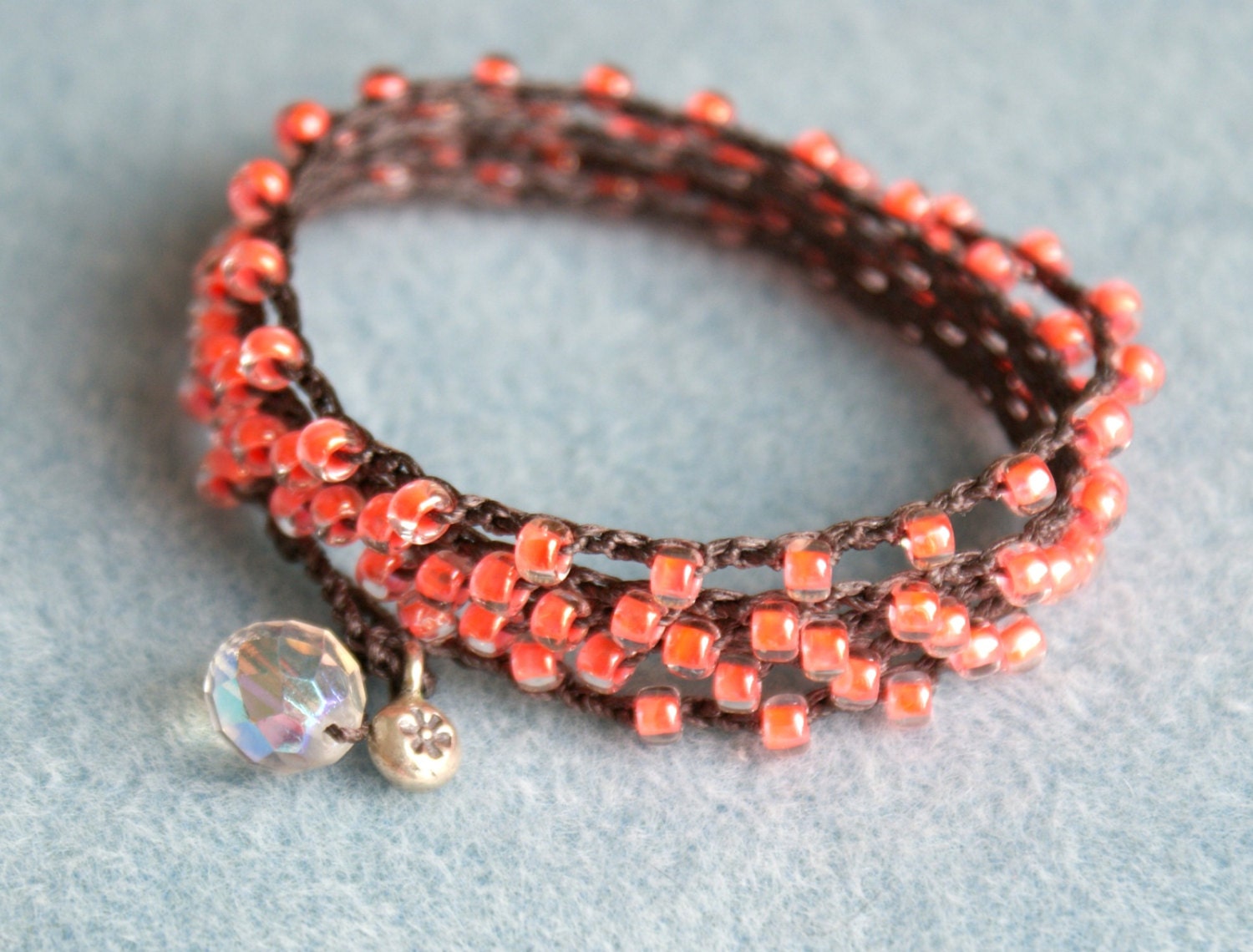 Peach Bohemian crochet wrap bracelet, long necklace, boho chic, trendy jewelry, luminous, crystal, silver charm