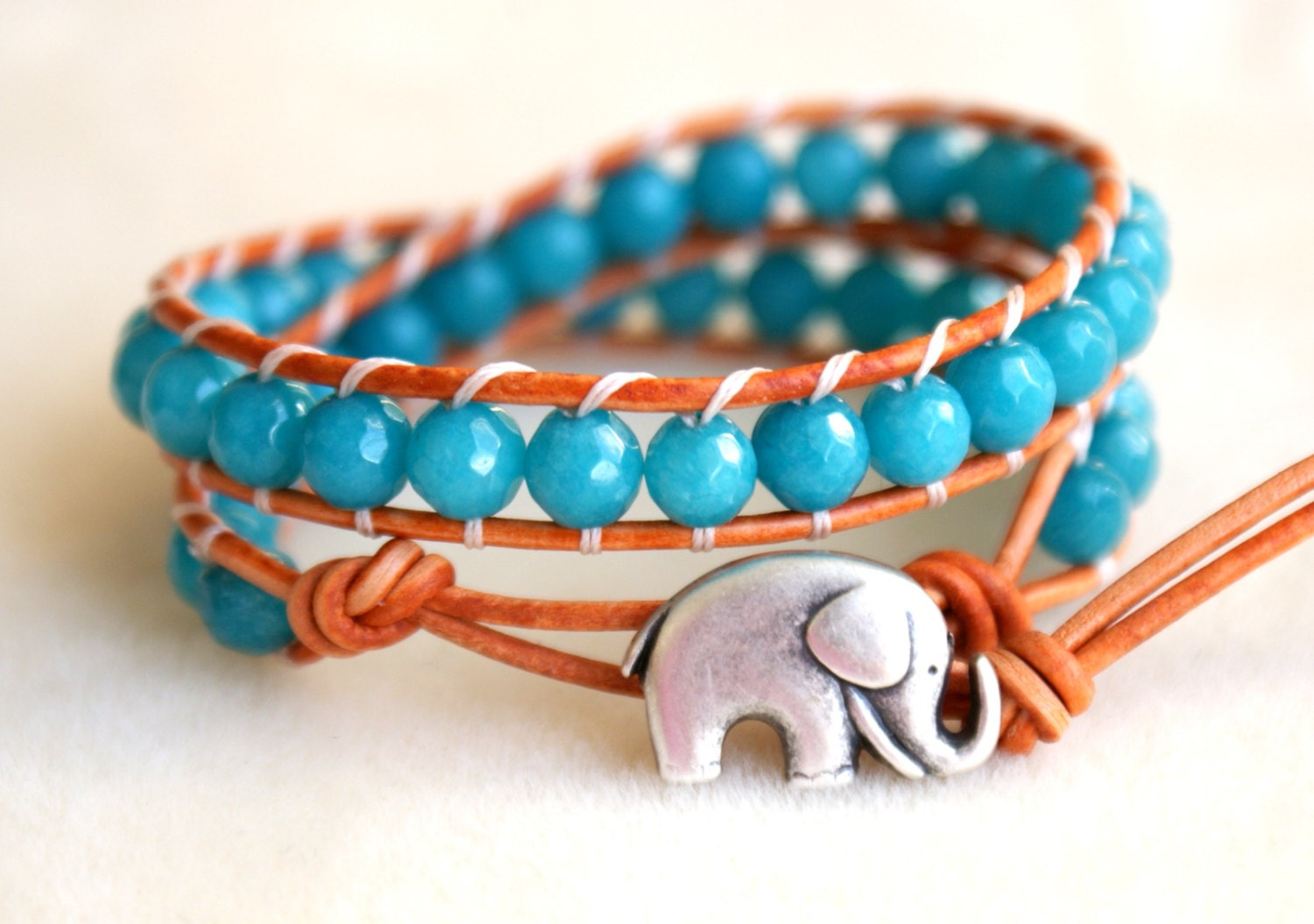 Deep Turquoise Blue Jade Boho beaded leather wrap bracelet, 2x, Good Luck elephant, Chan Luu style, hipster, lucky charm, trendy, bohemian