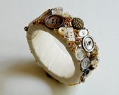 Mosaic Bangle bracelet, vintage buttons beaded neutral colors