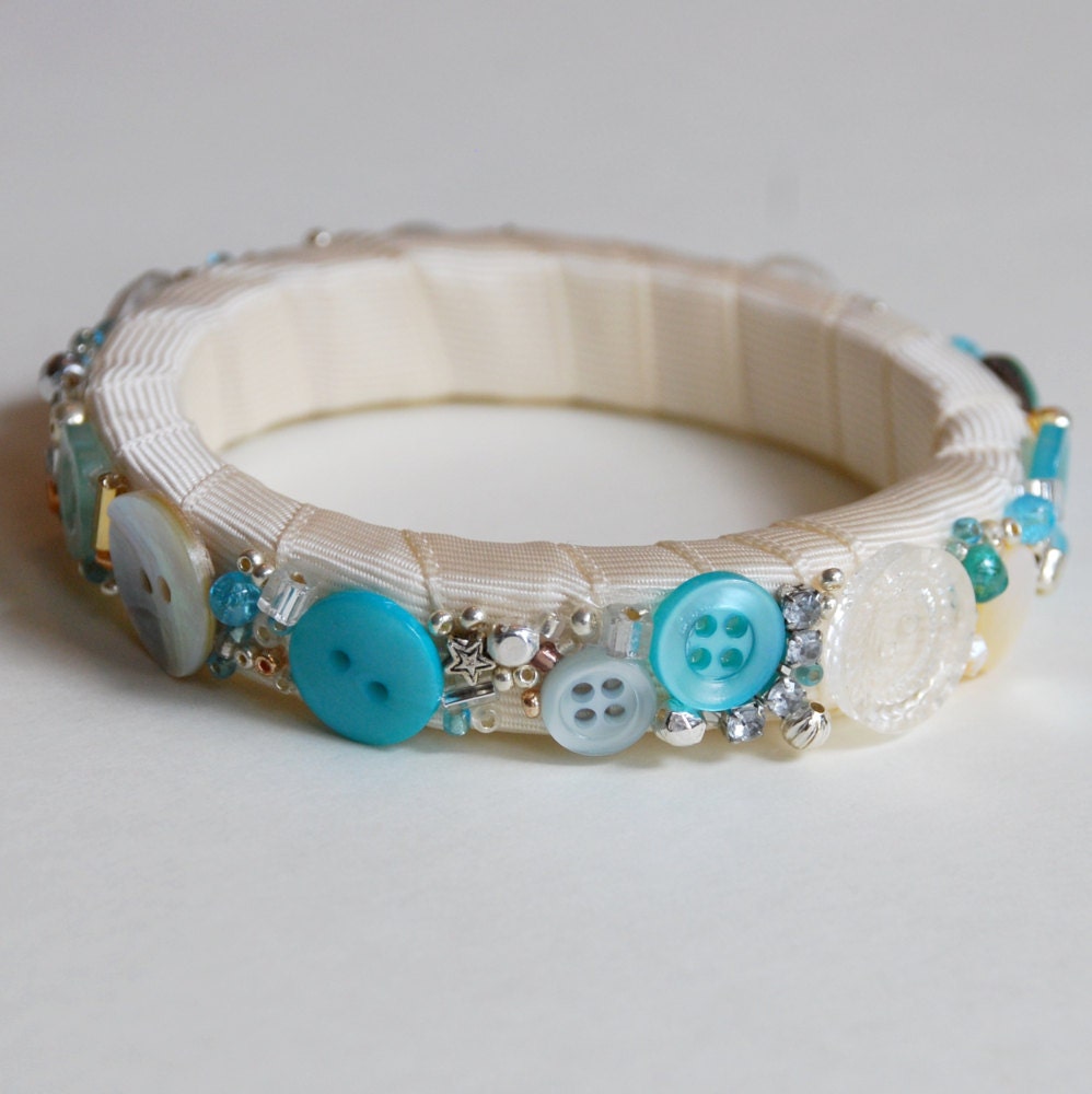 Mosaic Bangle bracelet, vintage buttons beaded aqua