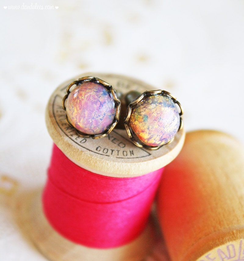 Vintage Pink Opal Earrings-  Large Glass Opal and Antiqued Brass Ear Posts