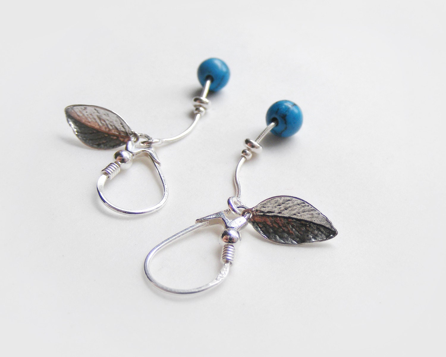 Sterling silver turquoise earrings with leaves, 925 turquoise earrings