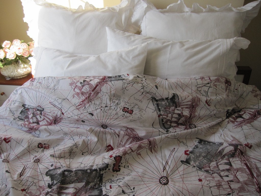 The Oldest World map print duvet cover FULL size 79 x 79 inch - Grey red beige cream Book bedding