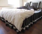 Queen Bed skirt - Dust ruffle plain Dark brown linen cotton lace trimmed - custom color bed skirt