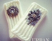 Luxurious Couture Sparkling Sequin Hand Beaded Fingerless Gloves - Hand knitted light cream with beautiful delicate bead work