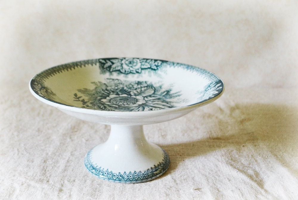 Antique Fruit stand Compote French faience Hamage Garden Flowers St Amand