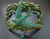 Sparrow Hand Painted Metal Vintage Garden Cuff with Czech Fire Polished Beads