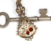 Steampunk Jewelry Steam Punk Necklace Vintage Watch Necklace Red Swarovski Ant. Brass Victorian Steam Punk Jewelry by VictorianCuriosities