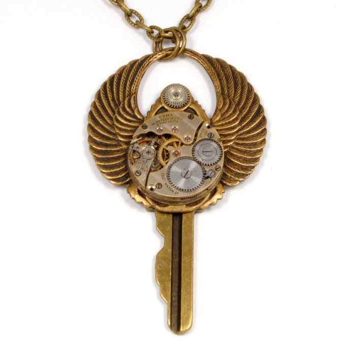 Steampunk Necklace Steampunk Jewelry Vintage Pocket Watch Necklace Wings Scarab Key Necklace Steam Punk Jewelry by Victorian Curiosities