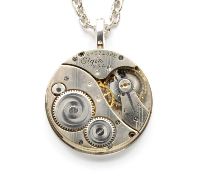 Steampunk Jewelry Steampunk Necklace Pocket Watch Necklace Antique Art Deco Striped Elgin Silver Steam Punk Jewelry By VictorianCuriosities