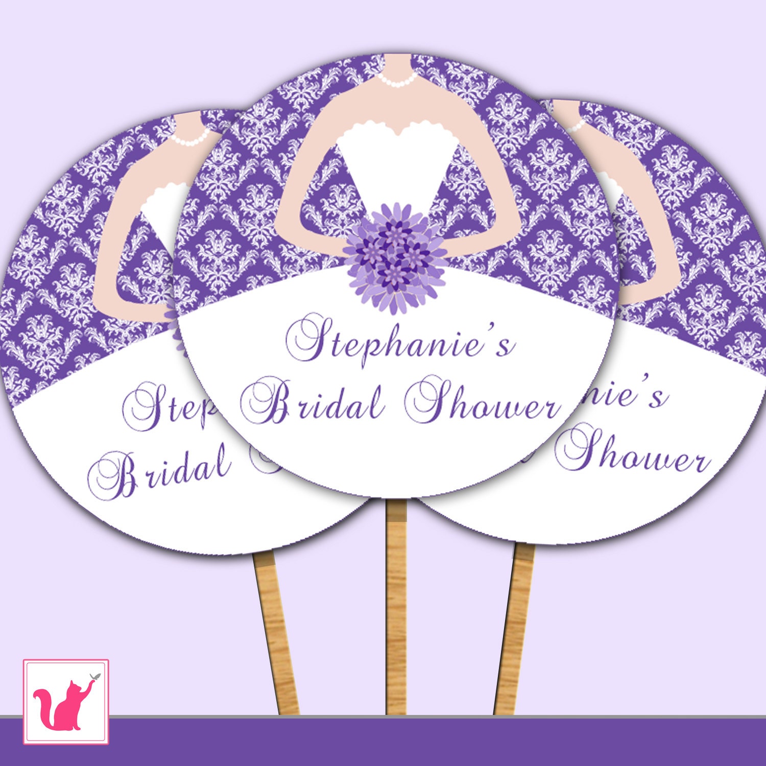 Printable Personalized Violet Purple Damask Bouquet Bridal Shower Wedding Cupcake Topper - Party Decoration Custom Birthday Sweet 16