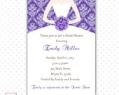 Printable Personalized Lavender Purple Damask Bridal Shower Invitation - Bouquet Bride Dress Sweet 16 Quinceanera 16th 15th Vintage