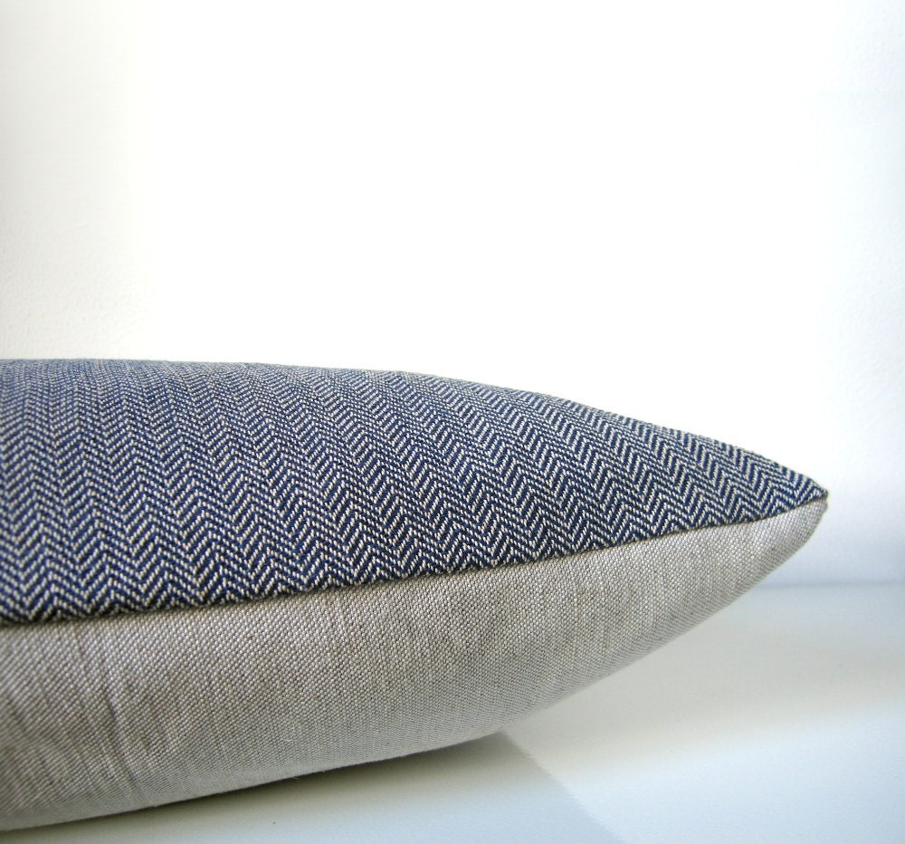 Blue throw pillow - blue herringbone pillow with natural linen, organic cotton, modern minimalist pillow