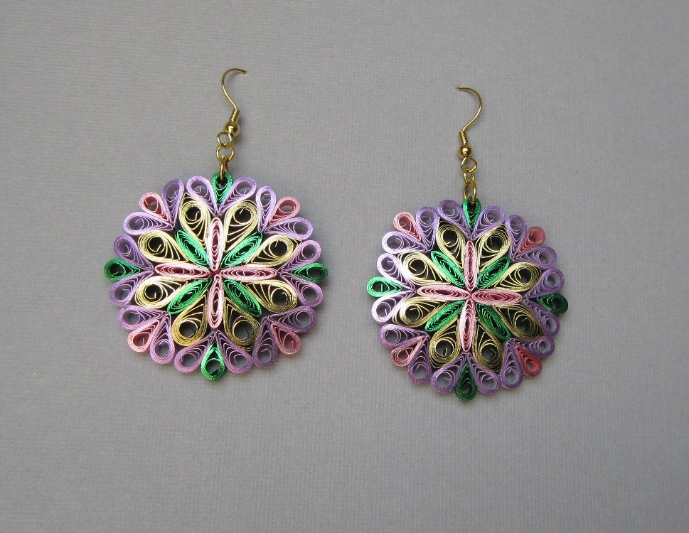 Items similar to Quilling Earrings, Pink Green Lavender Gold Metallic