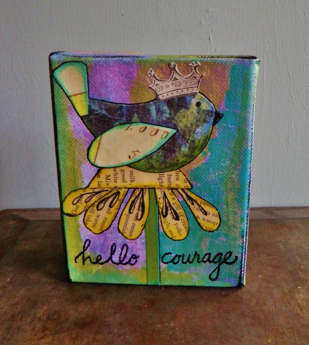 Hello Courage, birdie, blue, turquoise, purple, girlfriend,cancer survivor, cute, mixed media, inspirational