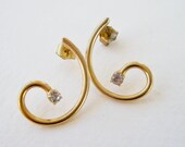 SALE 10 PERCENT OFF Vintage 80s Retro Regency Goldtone Gold Tone Prong Set Clear Rhinestone Curly Q Swirl Loop Twist Spiral Earrings