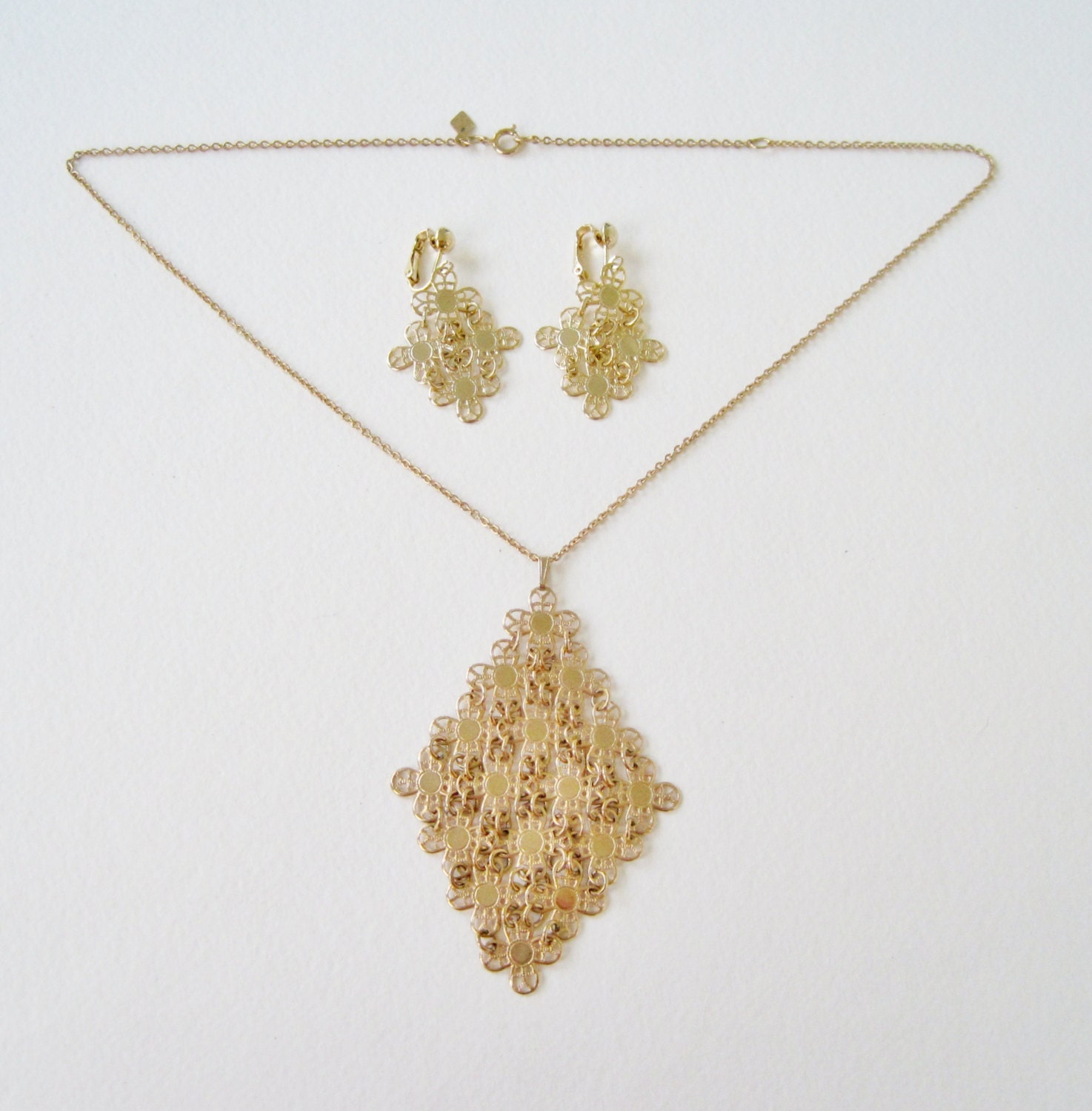 Vintage 70s Retro Boho Signed Sarah Coventry Demi Parure Set Golden Petals Goldtone Gold Tone Articulated Flower Link Necklace Earrings