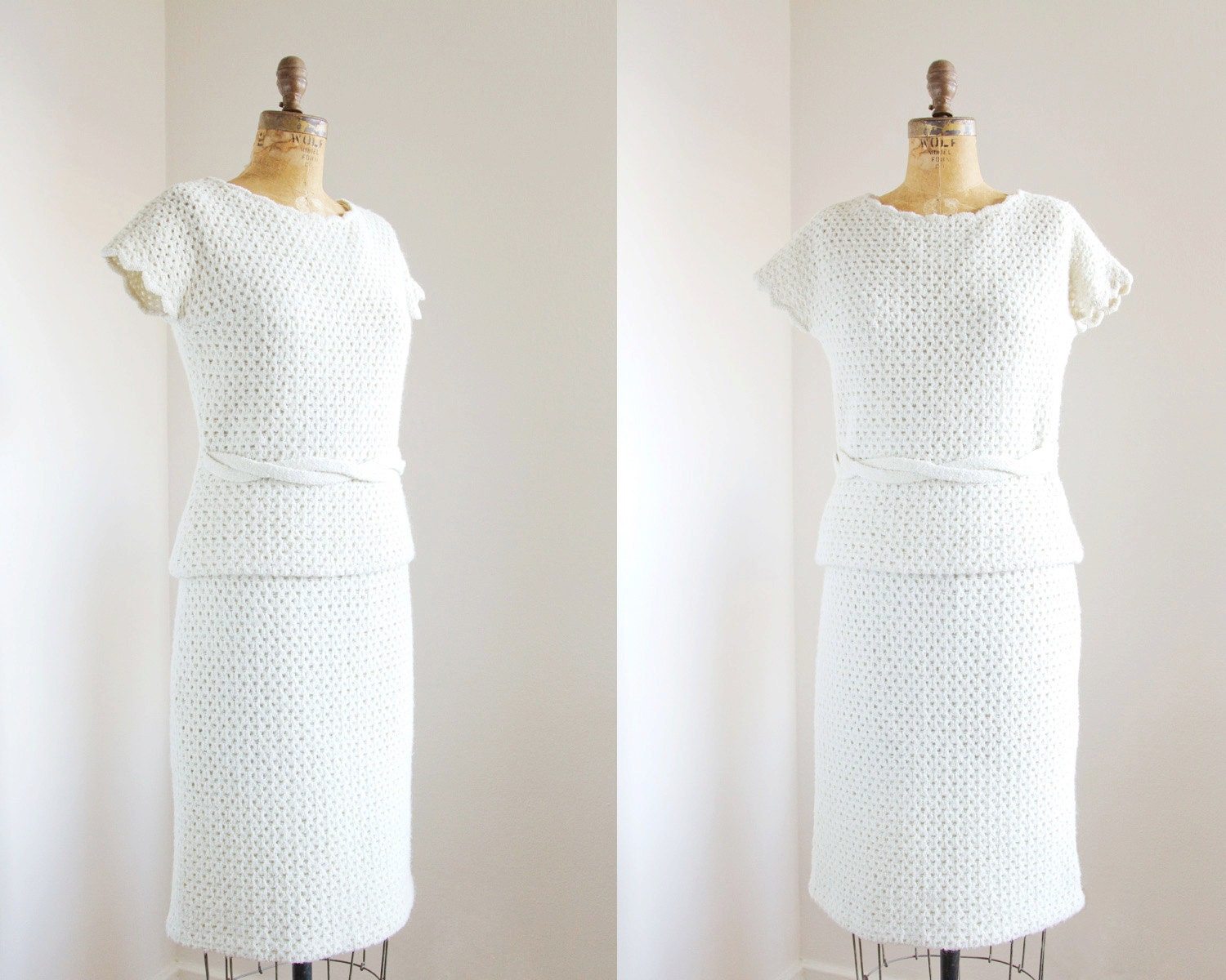 1960s Sweater Set - 60s Sweater Set - Cream Crochet Knit Sweater And Skirt