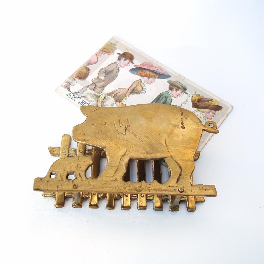 Vintage Brass Letter Holder, Pig, Piglet, Woodland Animals, Farmhouse Decor