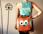Spring Owl purse in burnt orange brown with teal, everyday bag, book bag, large purse,messenger, spring summer fashion - ready to ship