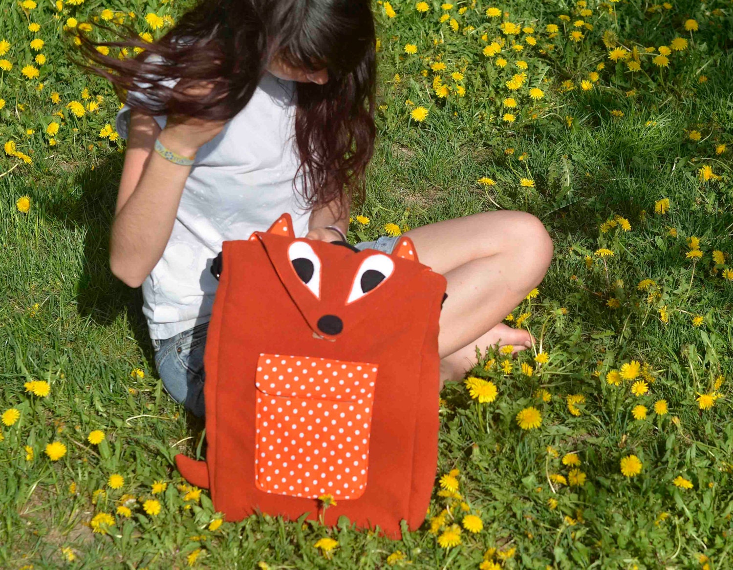 15'' Soft Orange Fox messenger bag / laptop case, burnt orange with orange white polka dots- 15, 14, 13 inch - ready to ship