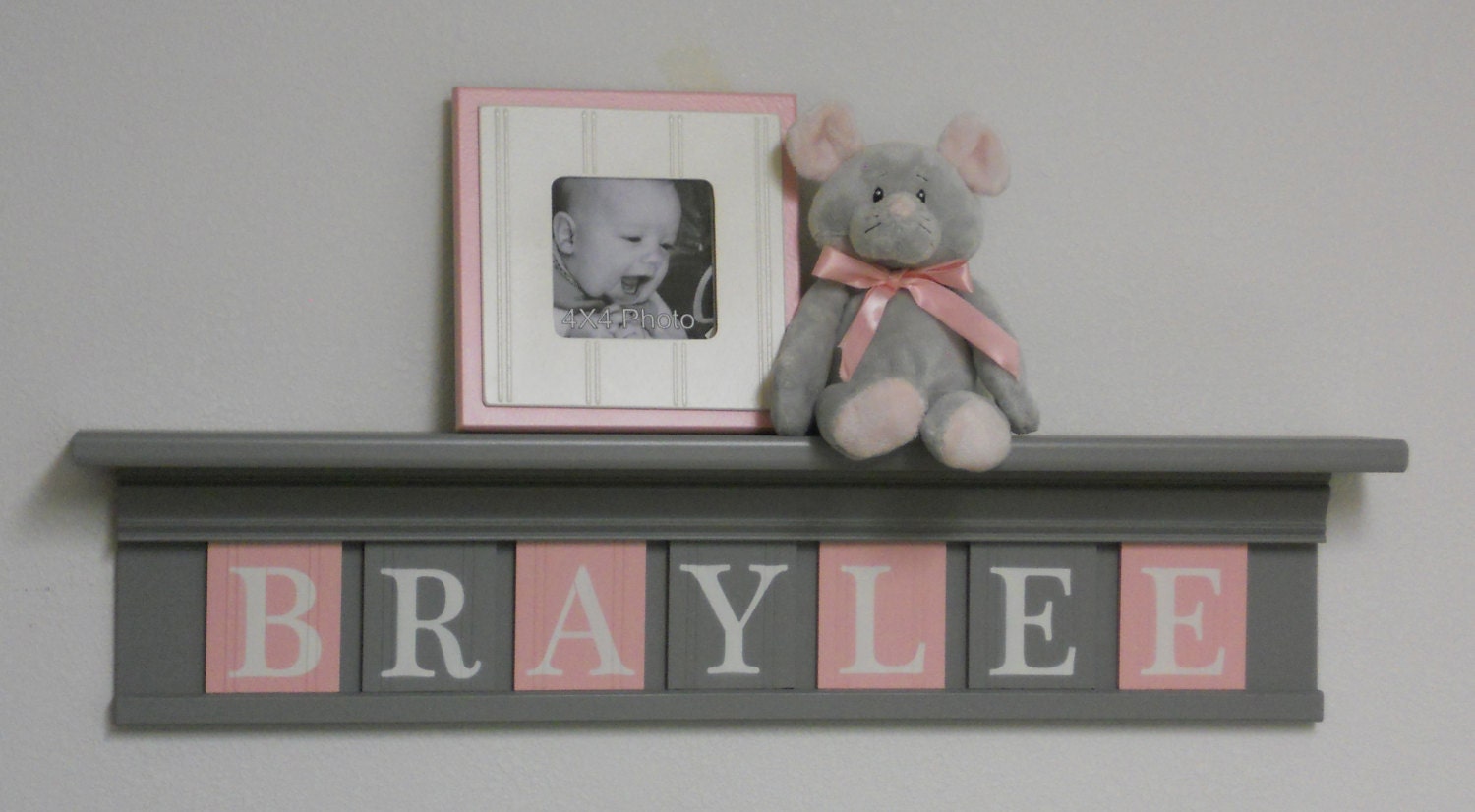 PINK and GRAY Baby Girl Nursery Wall Decor 30" Grey Shelf / Sign with 7 Wood Letter Plaques Custom for BRAYLEE