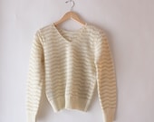 1970s metallic scallop striped ivory pointelle sweater