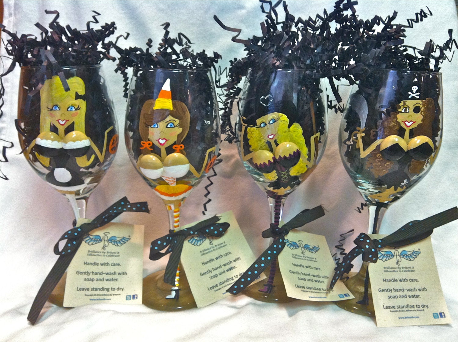 Hand Painted Halloween Wine Glasses with 3D Boobs.  Too Cute To Spook Collection.  Custom Made to Order