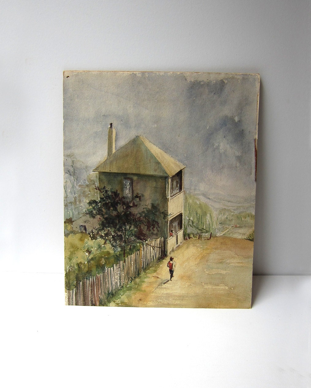 Vintage original 1950s watercolour painting country street scene unsigned