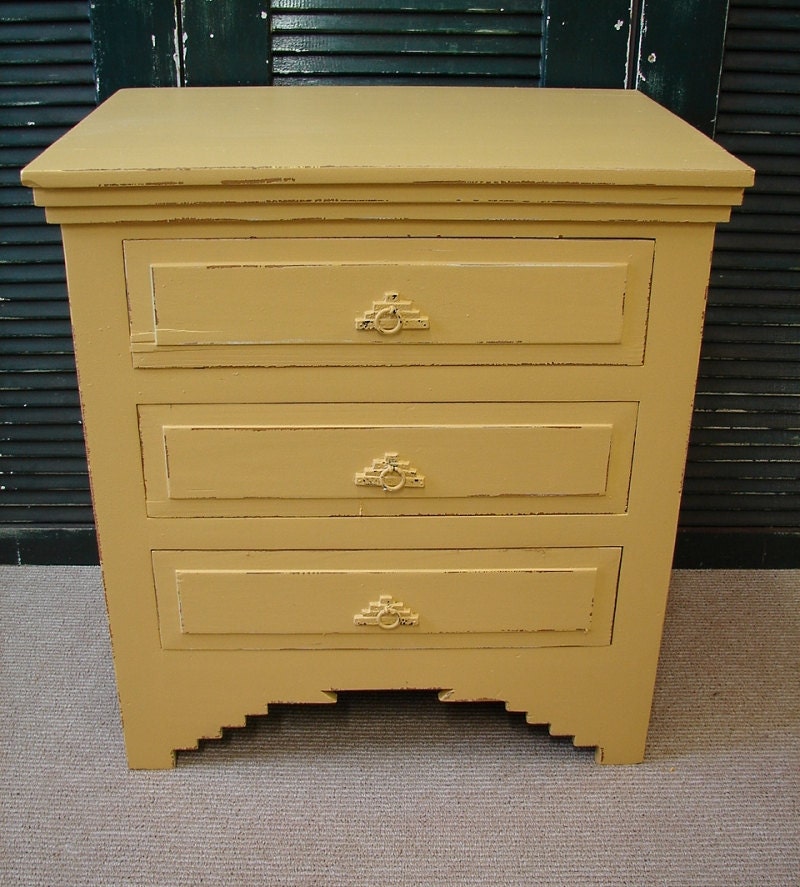 Vintage Antique Arts and Crafts Mission Yellow Paint Distressed 3 Dr Small Chest of Drawers Dresser (HAI) Call for a SHIP QUOTE
