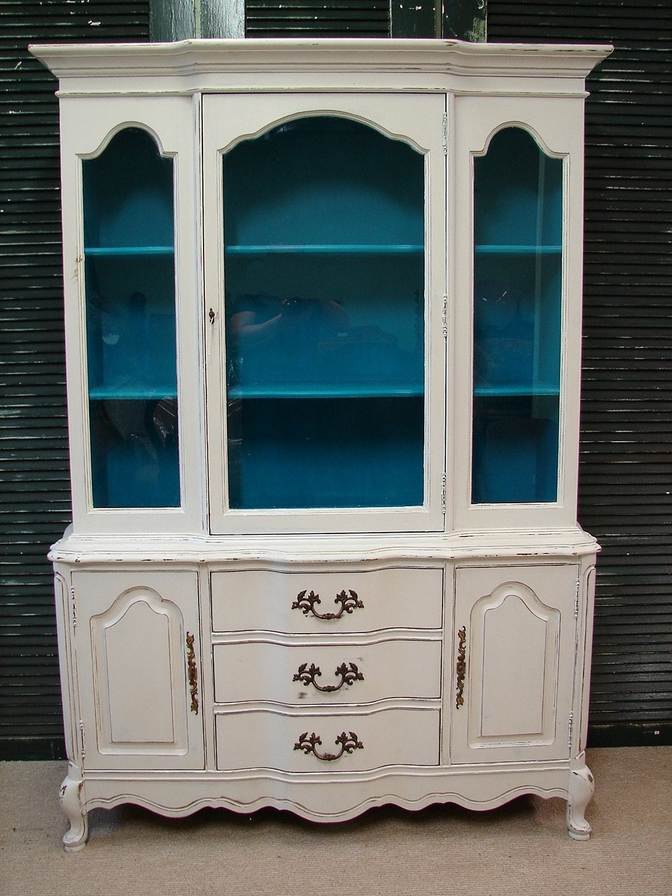 Reclaimed Bassett Vintage French Country White Turquoise Heavy Distressed China Cabinet Hutch Cupboard Bookcase (MLD) Call for SHIP QUOTE.