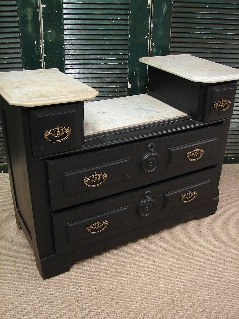 Very Old Antique Victorian Reclaimed 1800's Marble Top Black Paint Dresser Chest (MLD) Call for a SHIP QUOTE