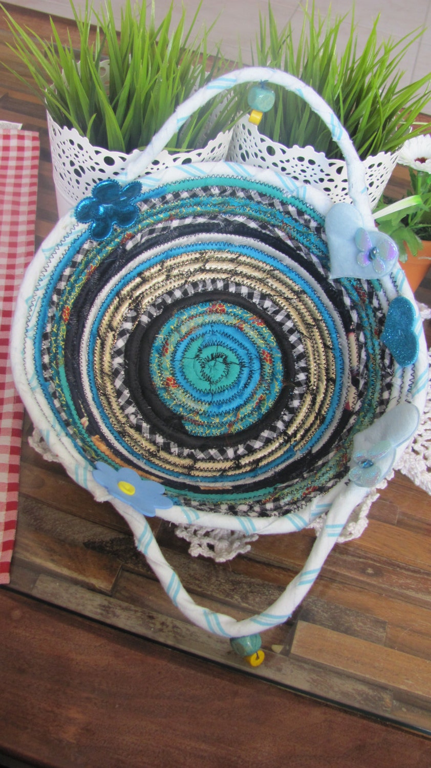A HANDMADE COILED BASKET cotton fabric-rope quilted basket one of a kind directly from the artist