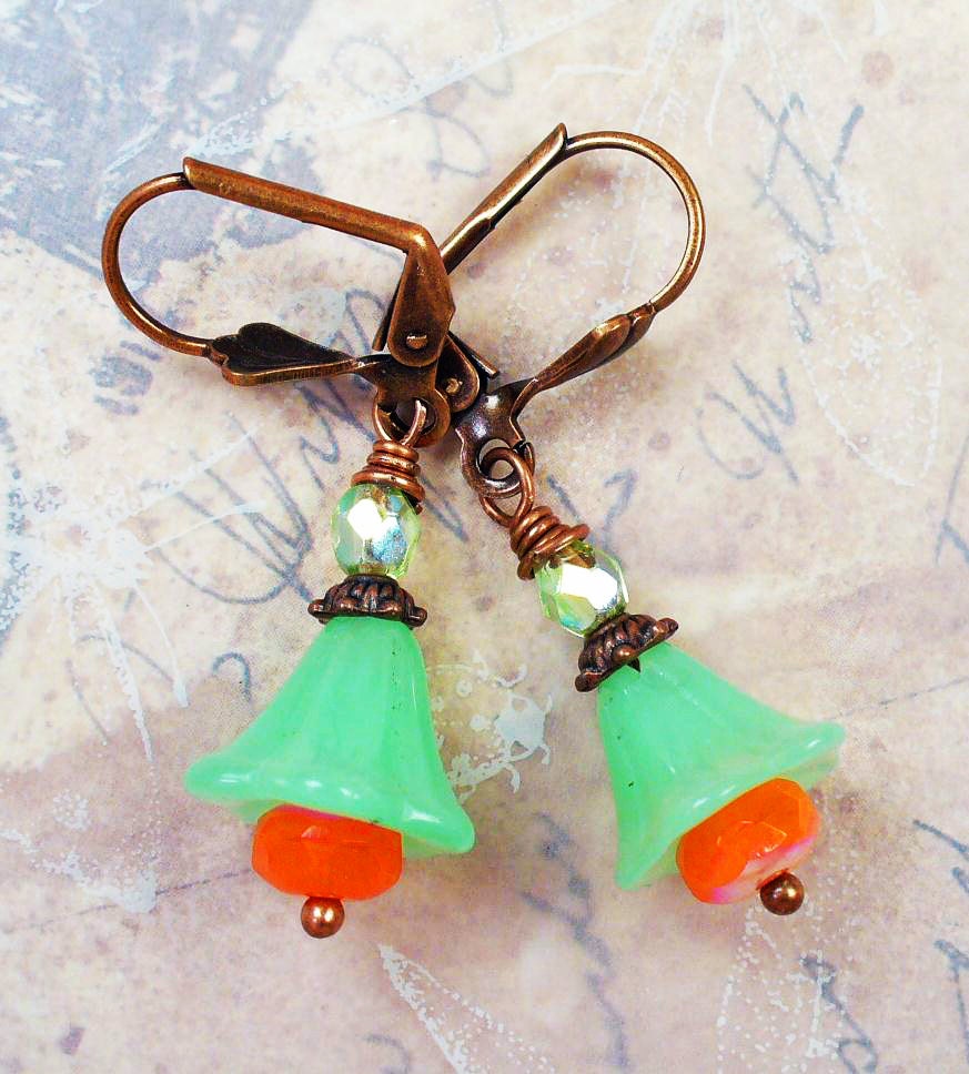 Whimsical Summer Mint Green Bell Flower Earrings - Shimmering Sherbert Orange Buds, Copper Accents