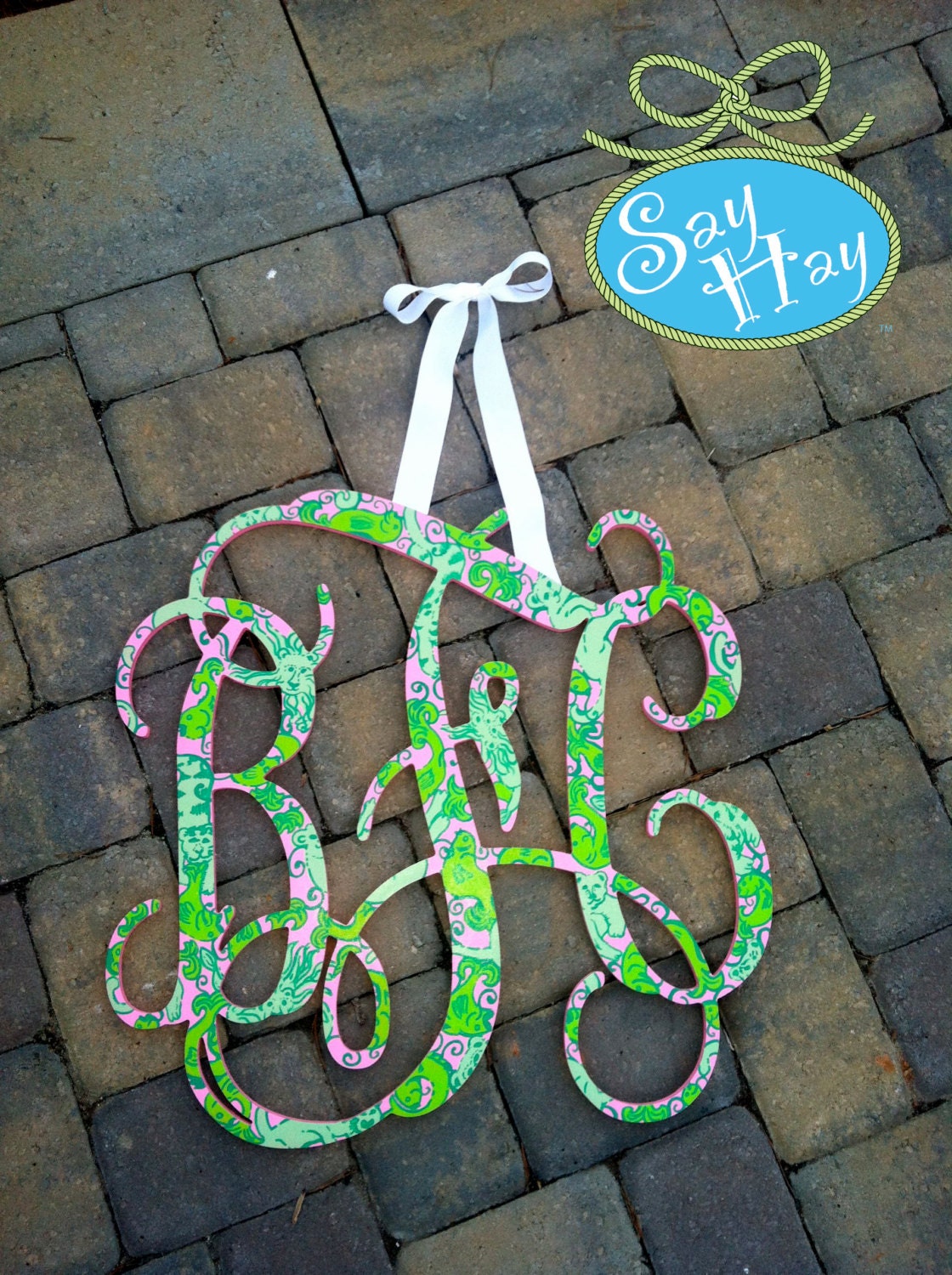 Preppy 24" Interlocking Wooden Initials Monogram Cutout Hand Painted inspired by Lilly Pulitzer prints, bedding, dorm rooms