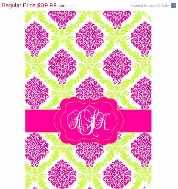 SPRING SALE iPad 2, 3, 4 Leather case cover Personalized Custom Damask Hot Pink Lime/Apple Green White