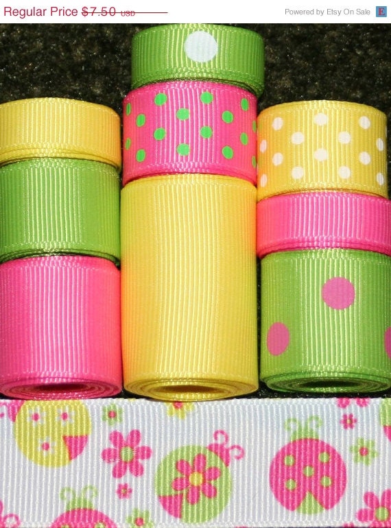 SPRING SALE Grosgrain Ribbon Lot Mix 10YDS Pretty Ladybug Yellow Apple Green Hot Pink