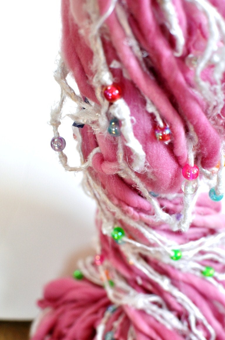 Handspun, Bulky Art Yarn, Beaded, Rasberry, Silk, by Spinning Wheel