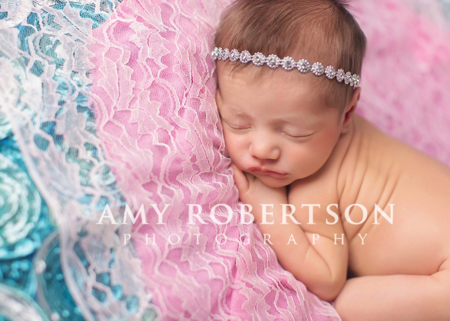 Baby Headband- Newborn Headband- Acrylic Rhinestone Trim on White Skinny Elastic Headband