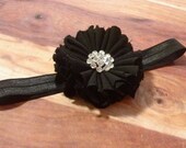 Facebook Special- Black Ruffled Flower with Rhinestone Button Center on Black Elastic Headband