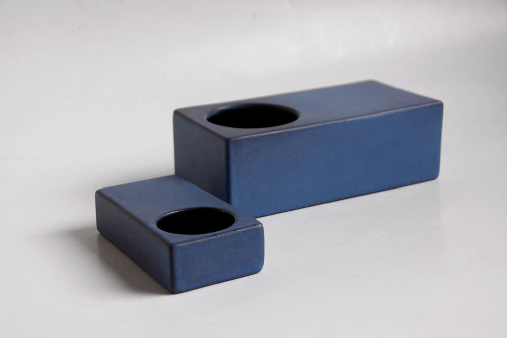 Set of Two Mid Century Blue Cor Unum Vases   - Dutch Pottery c.70s 80s