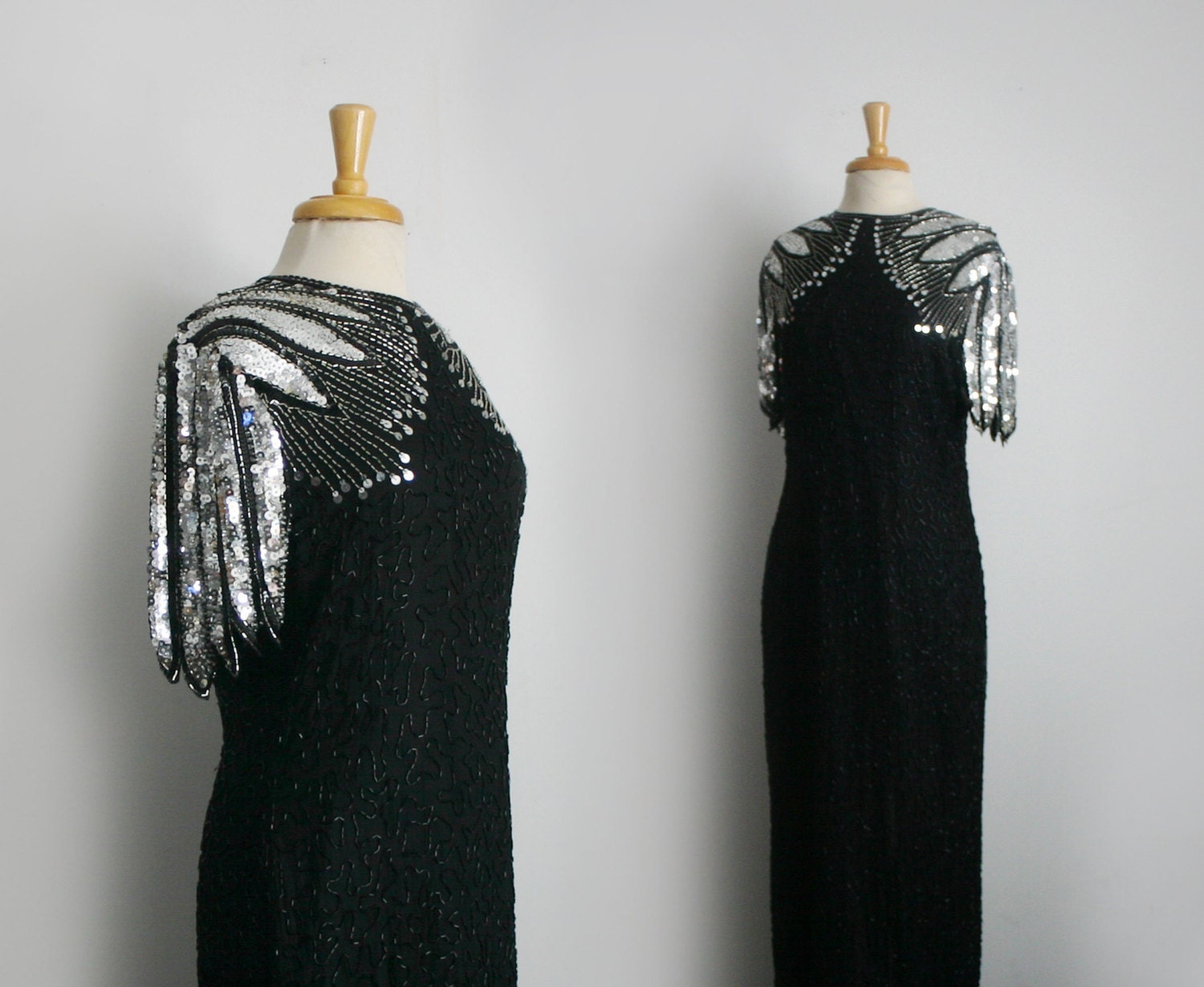 1980s silk sequin embellished silver and black short sleeve long evening gown, size  large