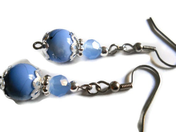 Light Blue Earrings, Silver Blue Earrings, Renaissance Earrings, Black and Blue Earrings, Dangle Earrings, Czech Glass Beaded Jewelry