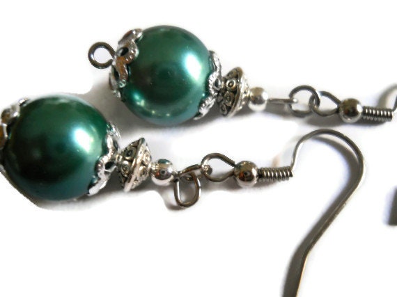 Teal Sea Green Pearl Earrings Silver Renaissance Modern Fancy Beaded Jewelry