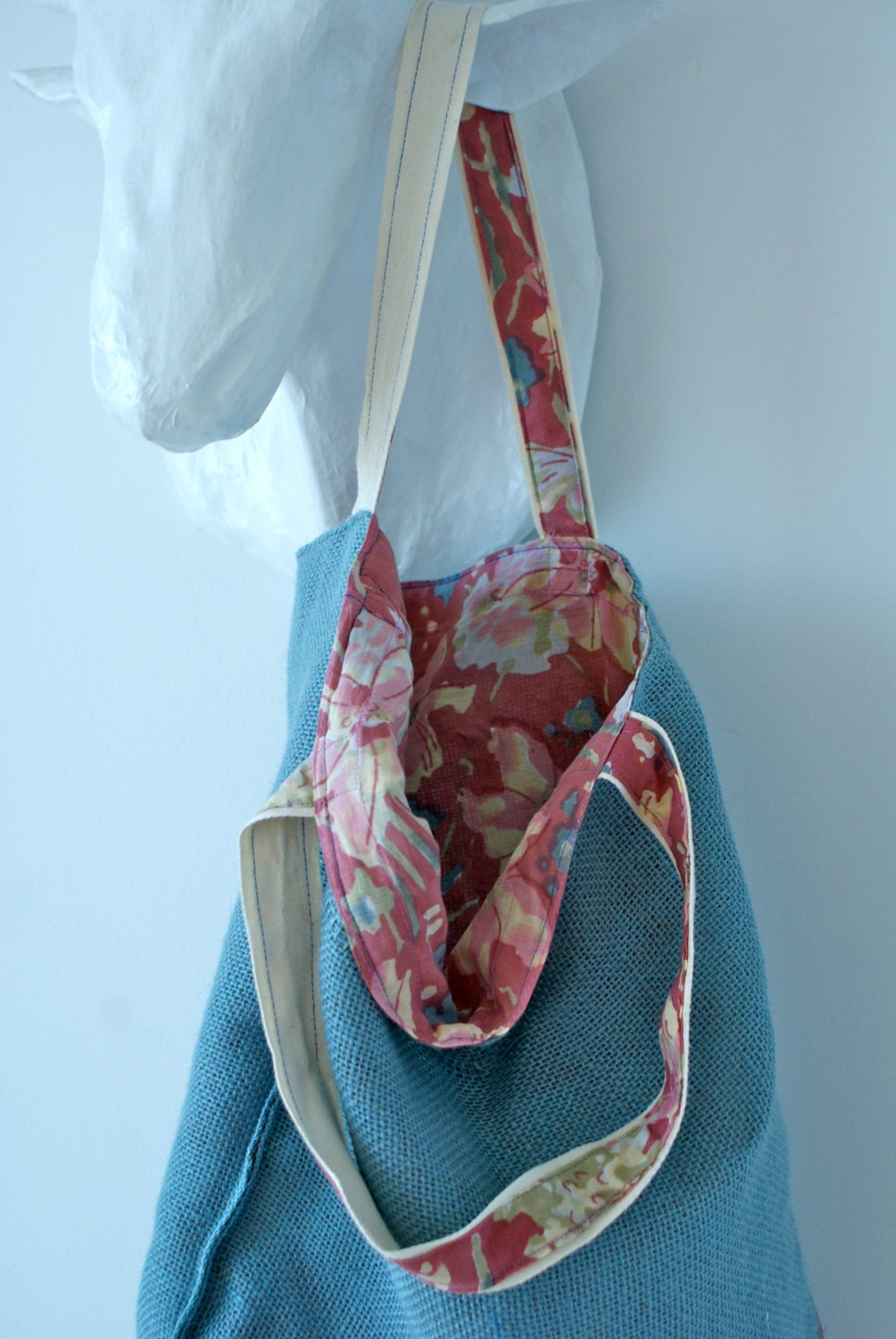 Indian Hand Block Print Organic Cotton Voile and Jute Burlap Market Grocery,Shopping, Beach Laptop Tote Bag Reversible Pink, Blue White