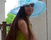 Light Blue Sun Hat - "ISABELLA" Light Blue Crystal Organza Hat w Organza Trim