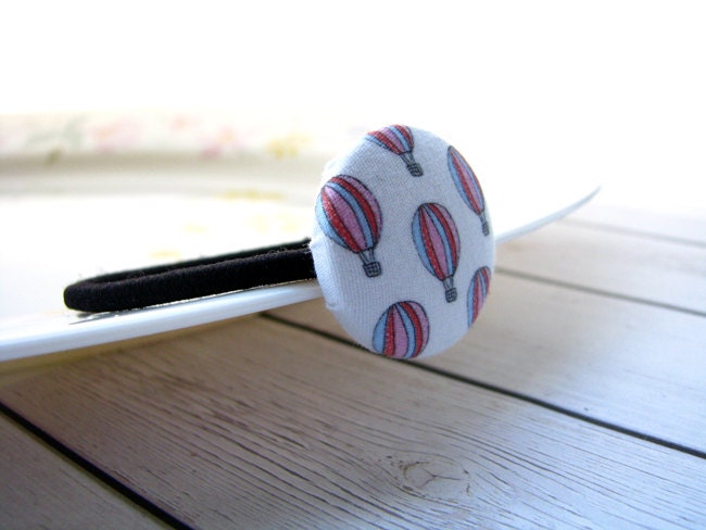 Girls ponytail holder, fabric covered buttons on hair elastics, Hot air balloons