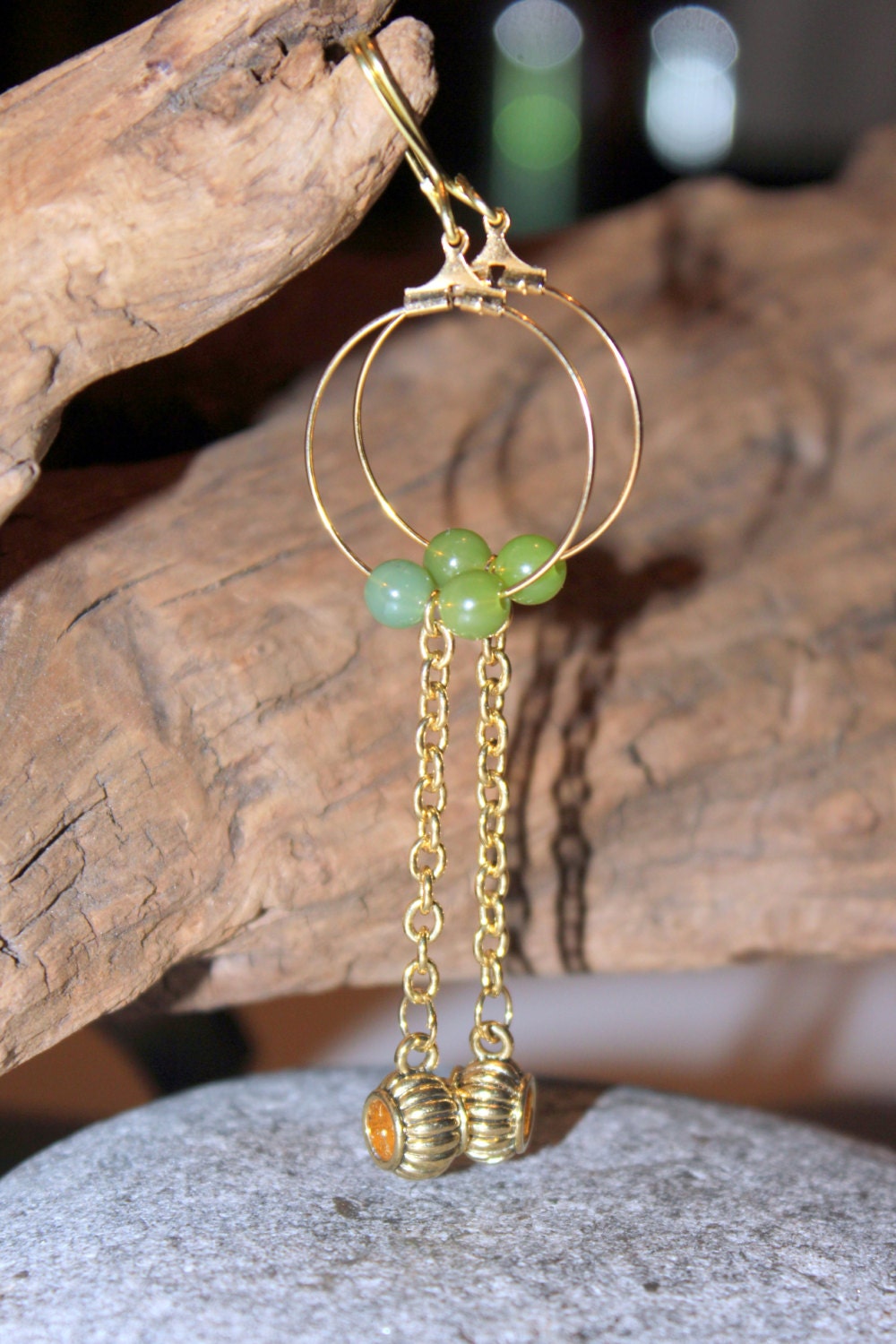 Bohemian Hoop Dangles Up-cycled Re-purposed Jewelry Green Stone and Gold