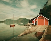 Beach art, Norway fjord photograph, vintage inspired print, dreamy landscape, boat house, summer, nautical picture 8x8 photo - kanelstrand