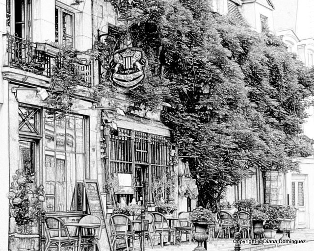 Parisian Cafe- Paris France Sketch 8x10 Drawing, sidewalk, cafes, coffee, paris, france, ink drawings